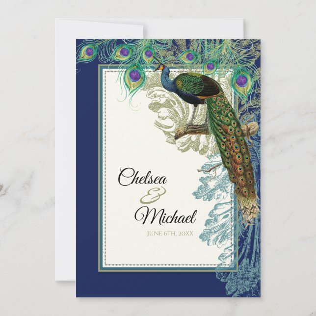 Vintage Peacock Feathers Navy Blue - Wedding Invitation (Back)