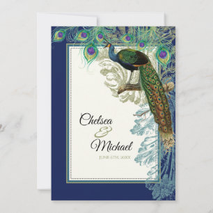 Vintage Peacock Feathers Navy Blue - Wedding Invitation