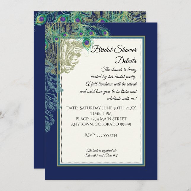 Vintage Peacock Feathers Navy Bridal Shower Invitation (Front/Back)