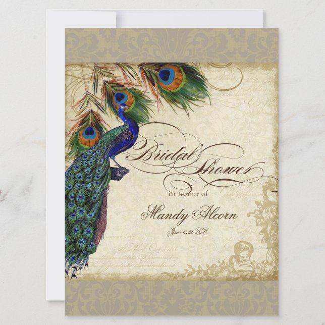 Vintage Peacock Feathers Silver Bridal Shower Invitation (Front)