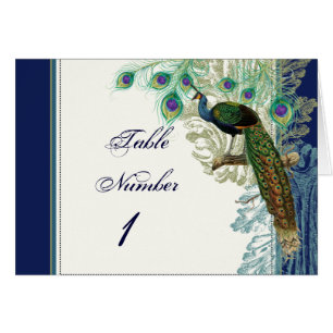 Vintage Peacock Feathers Table Numbers Navy Blue