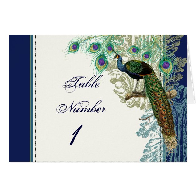 Vintage Peacock Feathers Table Numbers Navy Blue (Front Horizontal)