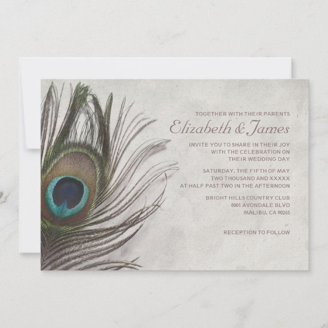 Vintage Peacock Feathers Wedding Invitations (Front)