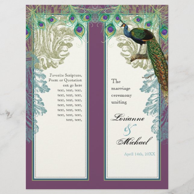Vintage Peacock, Feathers - Wedding Program (Front)
