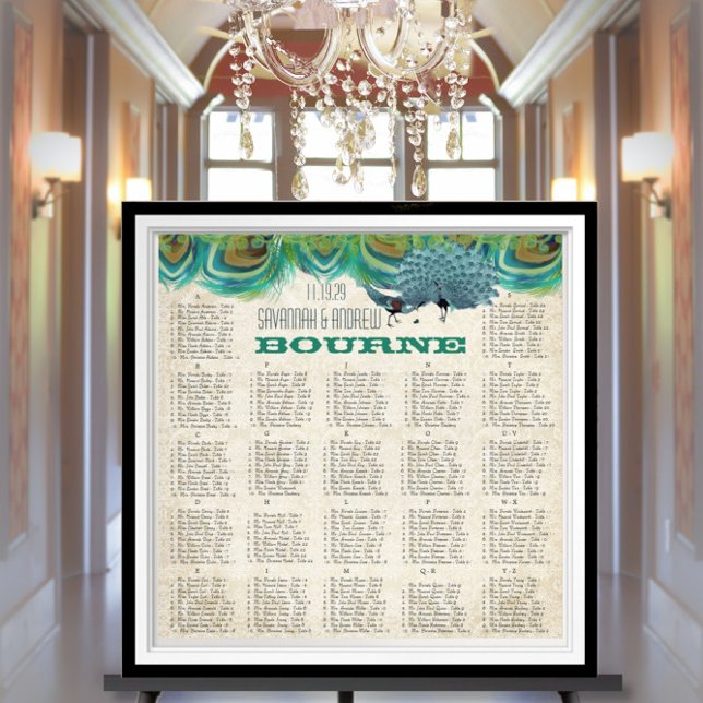 Vintage Peacock Feathers Wedding Seating Chart (To see frame pricing, please enter your frame and mat options.)