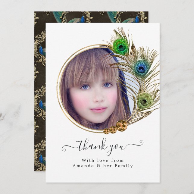 Vintage Peacock Floral Quinceañera Thank You Card (Front/Back)