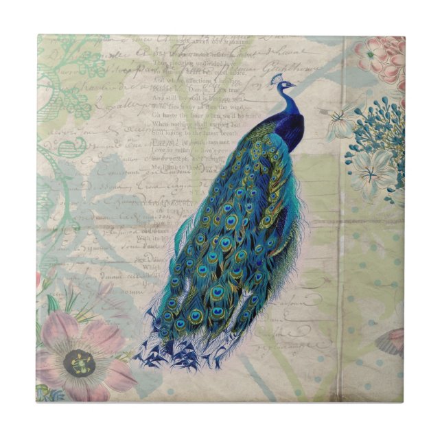 Vintage Peacock, Flowers and Butterfly Ceramic Tile (Front)