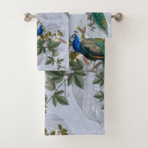 Vintage Peacock Hibiscus Ephemera Elegant Blue Bath Towel Set