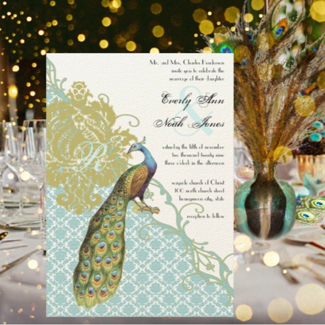 Vintage Peacock Lagoon Endive Damask Wedding Invitation (Creator Uploaded)