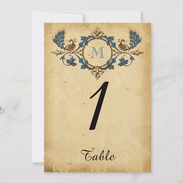 Vintage Peacock Monogram Wedding Table Number (Front)