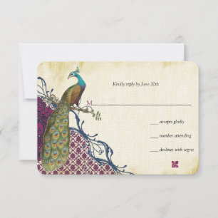 Vintage Peacock Navy Deep Raspberry Damask Wedding RSVP Card