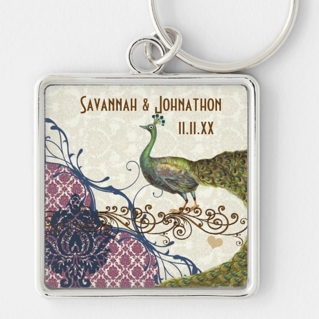 Vintage Peacock Navy Raspberry Damask Key Chain (Front)