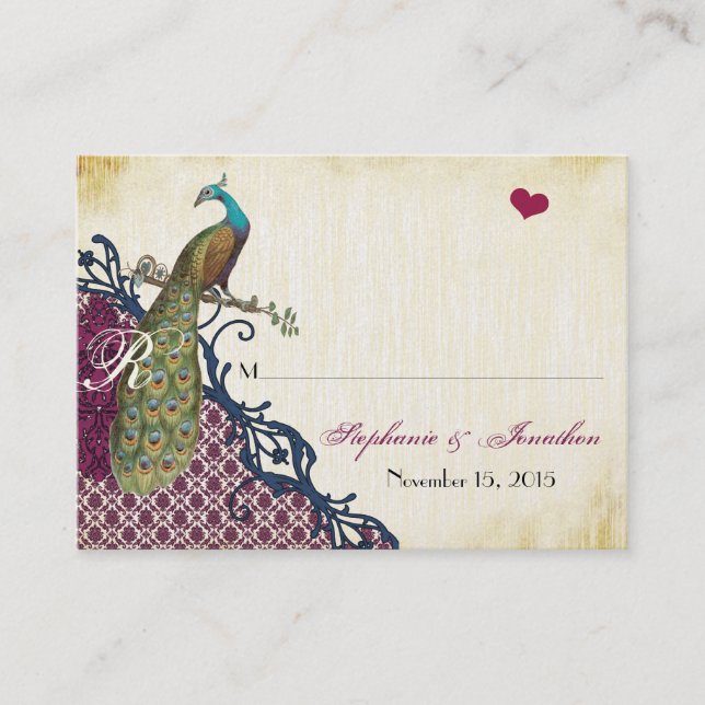 Vintage Peacock Navy Raspberry Damask Place Cards (Front)
