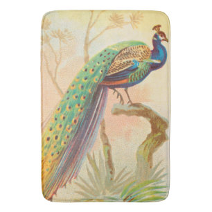 Vintage Peacock on a branch painting Bath Mat