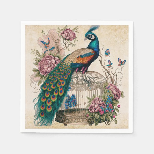 Vintage Peacock on Bird Cage Victorian Napkin (Front)