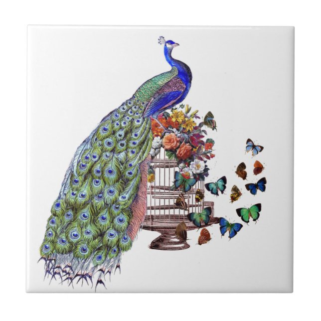 Vintage Peacock on cage Ceramic Tile (Front)