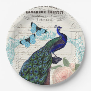 Vintage Peacock on French Ephemera Collage Paper Plate