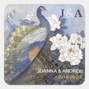 Vintage Peacock Pair Peony Blossoms Wedding Favour Square Sticker