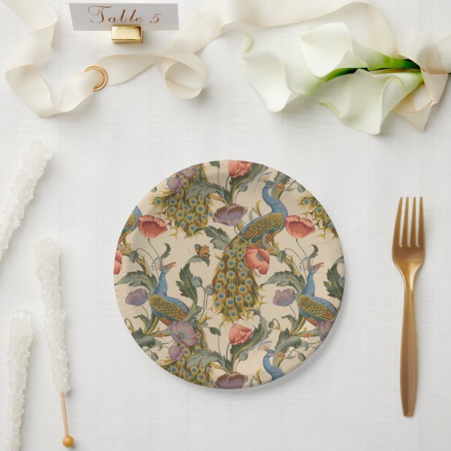 Vintage Peacock Pattern Colourful Art Paper Plate (Wedding)