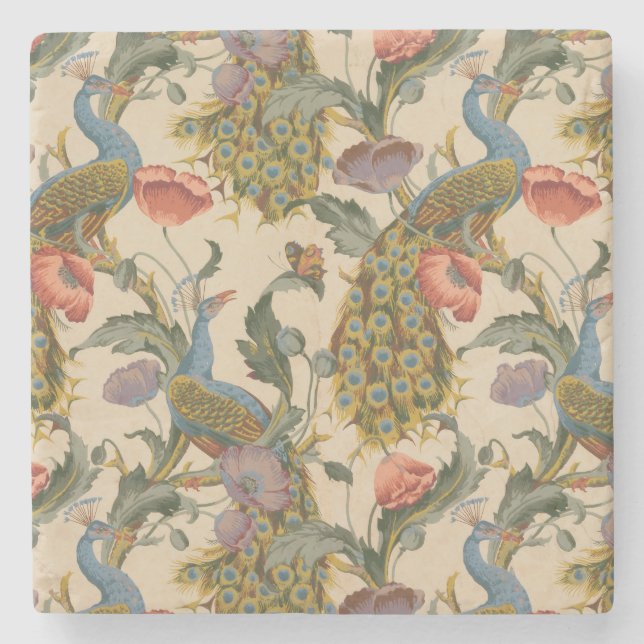 Vintage Peacock Pattern Colourful Art Stone Coaster (Front)