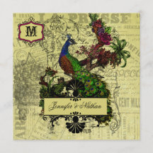 Vintage Peacock Square Wedding Invitation