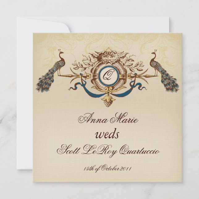 Vintage Peacock Square Wedding Invitation Linen #6 (Front)