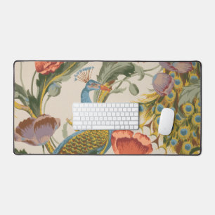 Vintage Peacock with Pink and Purple Poppies Desk Mat