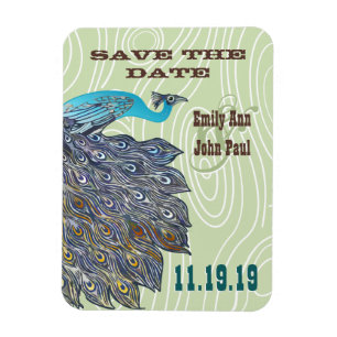 Vintage Peacock Woodgrain Save the Date Magnet