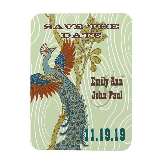 Vintage Peacock Woodgrain Save the Date Magnet (Vertical)