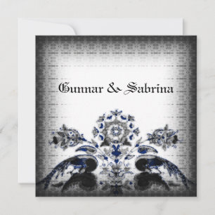 Vintage Peacocks & Floral Blue Goth Wedding Invitation