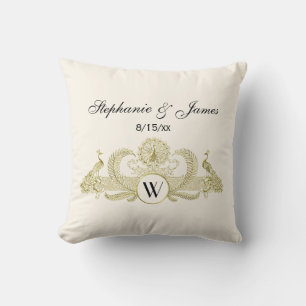 Vintage Peacocks Monogram Faux Gold Ivory BG Cushion