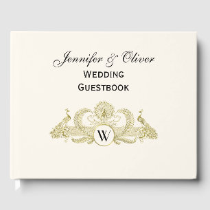 Vintage Peacocks Monogram Faux Gold Ivory BG Guest Book