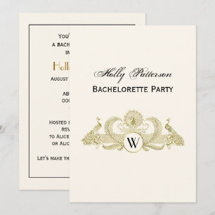 Vintage Peacocks Monogram Faux Gold Ivory BG Invitation
