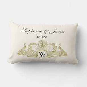 Vintage Peacocks Monogram Faux Gold Ivory BG Lumbar Cushion