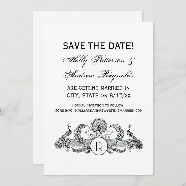 Vintage Peacocks Monogram Invitation (Front/Back)
