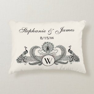 Vintage Peacocks Monogram Ivory BG Decorative Cushion