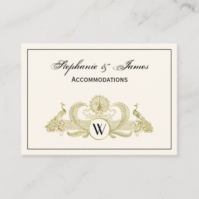 Vintage Peacocks Monogram Ivory BG Faux Gold Business Card (Front)