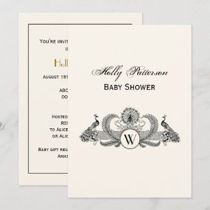 Vintage Peacocks Monogram Ivory BG Invitation