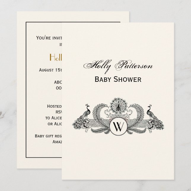 Vintage Peacocks Monogram Ivory BG Invitation (Front/Back)