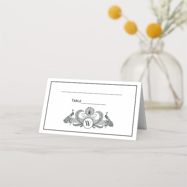 Vintage Peacocks Monogram Place Card (Front)