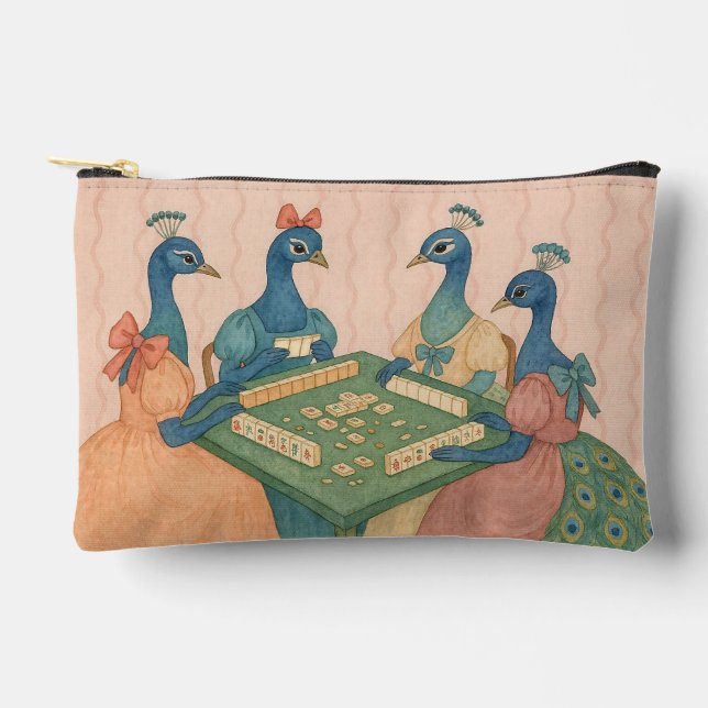 Vintage Peacocks Playing Mahjong Accessory Pouch (Front)