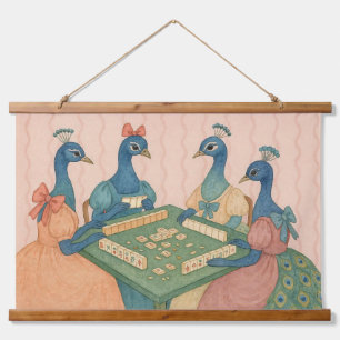 Vintage Peacocks Playing Mahjong Hanging Tapestry
