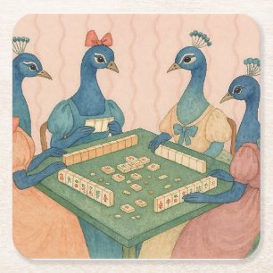 Vintage Peacocks Playing Mahjong Square Paper Coaster