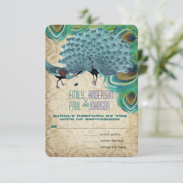 Vintage Peacocks with Feathers RSVP Card (Standing Front)