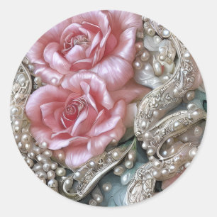 Vintage Pearls and Pink Roses Pattern Classic Round Sticker