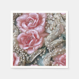 Vintage Pearls and Pink Roses Pattern  Napkin
