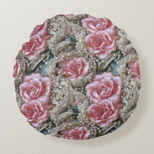 Vintage Pearls and Pink Roses Pattern Round Cushion