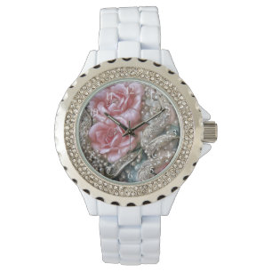 Vintage Pearls and Pink Roses Pattern Watch