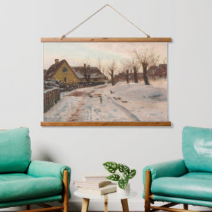 Vintage Peder Monsted Winter Village Oil Art Hanging Tapestry