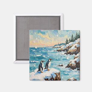 Vintage Penguins on Snowy Coastal Christmas Cliff Magnet